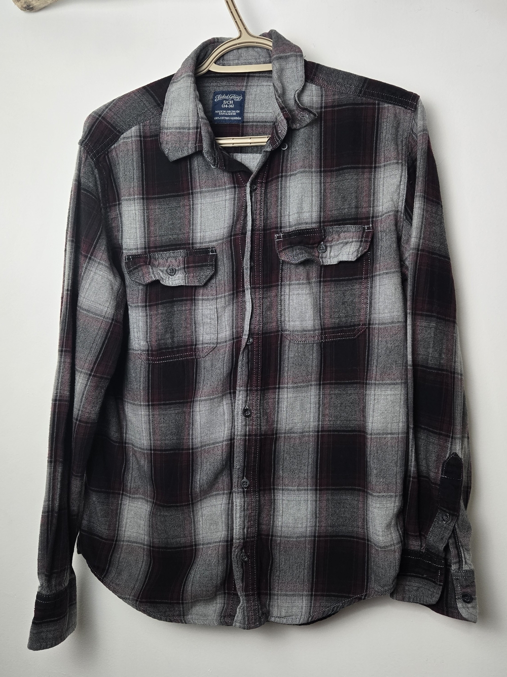 Faded Glory Men's Plaid Button-Down Shirt in Black, Gray & Maroon